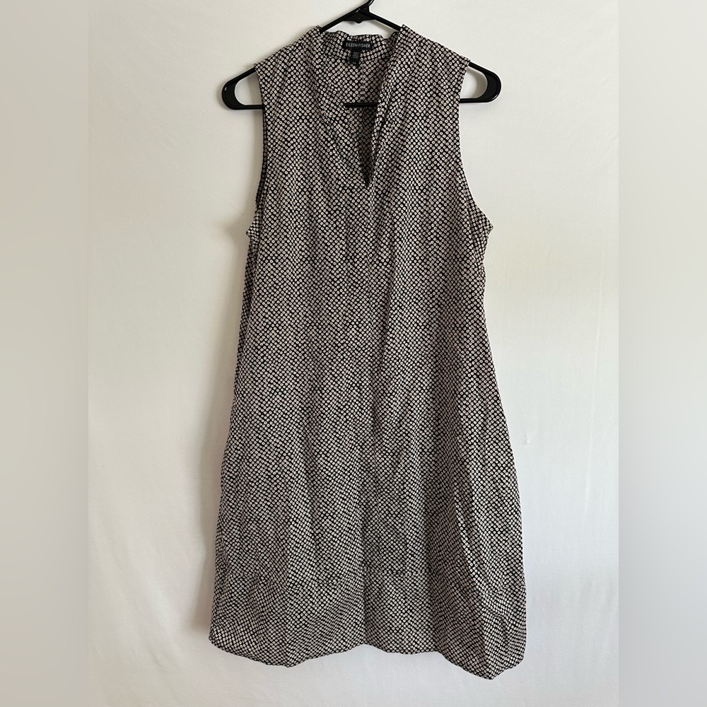 Eileen Fisher Organic Cotton Black White Print Sleeveless Shift Dress S